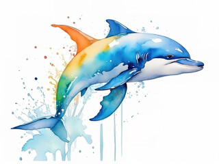 Obraz na płótnie Canvas cute dolphin, watercolor paint, splash of Beautiful colors, isolated white background