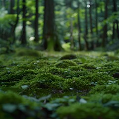 A serene forest scene, focusing on the lush, moss-covered forest floor bathed in dappled sunlight filtering through the trees. - obrazy, fototapety, plakaty