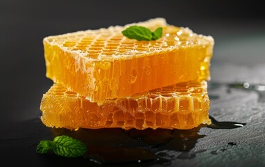 Two honeycomb pieces with mint leaves on top - obrazy, fototapety, plakaty