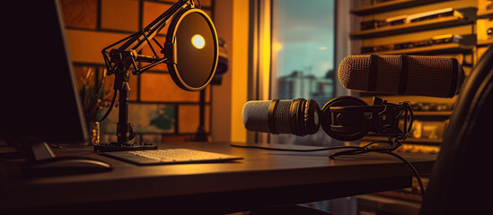 Home studio podcast interior. Microphone - obrazy, fototapety, plakaty