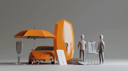 3D illustration of family figures under an umbrella by a shield, representing comprehensive insurance for home and auto - AI generated