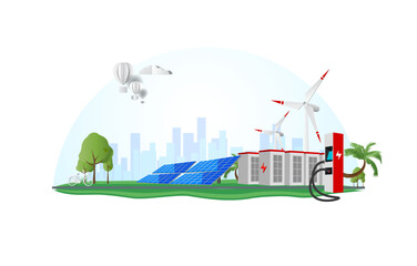 Futuristic eco-technology concept illustration combining electric vehicle charging stations, solar panels, and wind turbines in a lush green environment. The modern city skyline in the background high