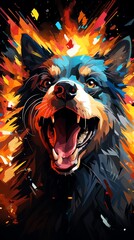 Create a striking digital rendering of a fierce, fiery dog in a pixel art style, viewed from eye-level angle Incorporate vibrant hues and dynamic textures to bring this unique concept to life