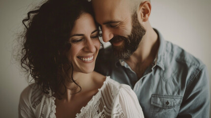 A man and a woman are joyfully smiling together in a close-up shot