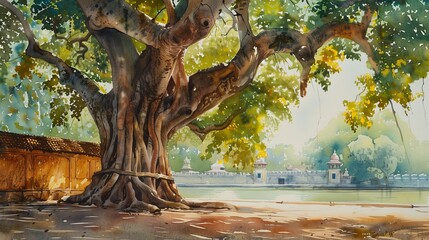 Beautiful painting of the Bodhi Sacred Fig tree in watercolor