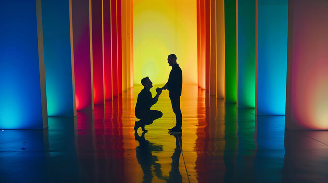 Silhouette Proposal in a Rainbow-Colored Corridor
