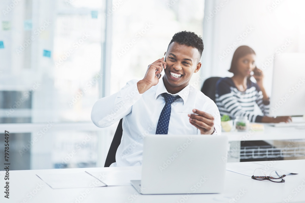 Poster business man, phone call and laugh in coworking office with web design networking and conversation. 