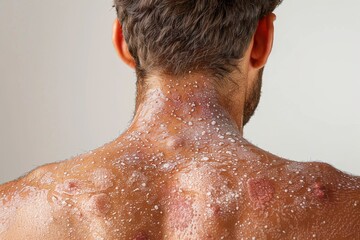 Highlighting the harsh reality of skin ailments, this image shows a man’s distressed skin with signs of a painful rash