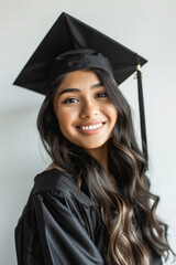 A woman proudly wears a graduation cap and gown, symbolizing her academic achievement and success