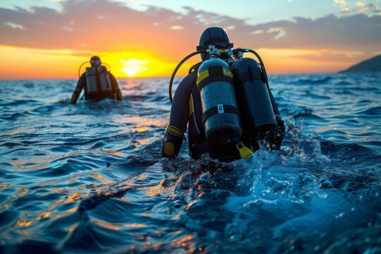 The image showcases divers geared up with full scuba equipment against a stunning sunset backdrop, ready to start their underwater expedition