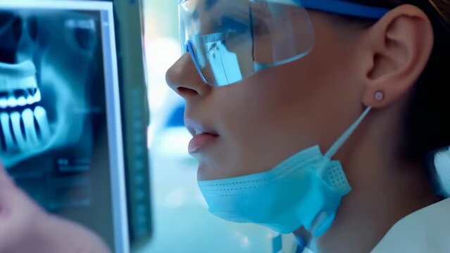 A focused dental professional examines an X-ray image, depicting the precision and advanced technology integral to modern dentistry. Performing orthodontic surgery