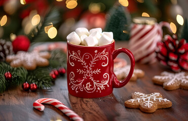 A red mug with hot chocolate inside and big white marshmallows on top, surrounded in the style of gingerbread cookies and candy canes on the table - obrazy, fototapety, plakaty