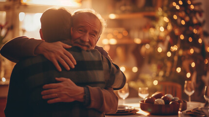 Obraz premium Captured during a holiday dinner, a senior father hugs his adult son in a warmly decorated dining room, reflecting a moment of familial love and gratitude. , natural light, soft sh