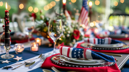 An elegantly set table for Memorial Day, featuring red, white, and blue tablecloths and napkins, with a centerpiece of American flags and candles to honor those who served. , natur
