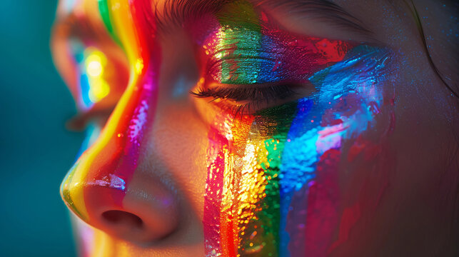 A colorful face paint design transforms a model's face into a work of art LGPT