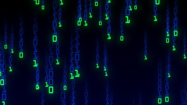 The Matrix style binary code. The camera moves through the falling numbers. Seamless loop. Digital binary code processing on screen background loop. Data rendering of a scientific technology data