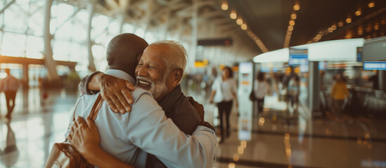 A poignant scene at an airport where a senior father greets his adult son with a tight hug, surrounded by the bustling environment, highlighting the deep emotional connection despi