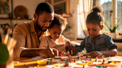 An African ethnicity father sitting at a table with his son and daughter, engaged in a craft project, showing their creativity with paper, scissors, and glue spread around them. , - obrazy, fototapety, plakaty