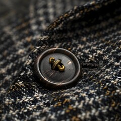 Close-up view of a polished button on a textured woolen coat, highlighting the details of quality garment craftsmanship. - obrazy, fototapety, plakaty