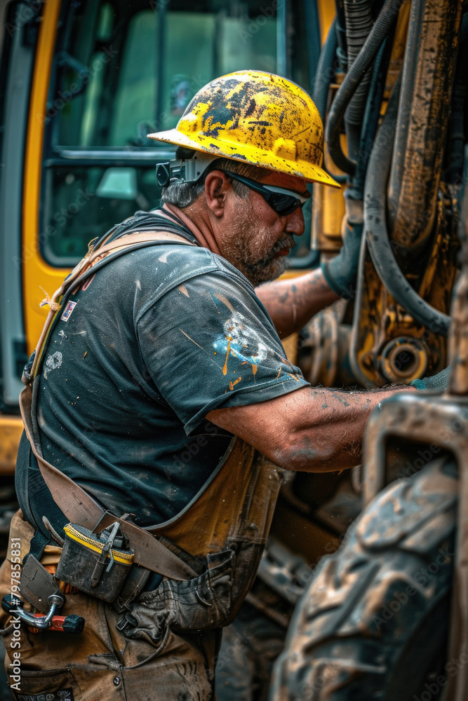 Poster a man wearing a hard hat is focused on operating a machine in a industrial setting. he is handling t