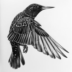 Detailed Pencil Sketch of a Starling Bird In Flight Black and White Drawing on a Blank White Background - obrazy, fototapety, plakaty