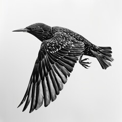 Detailed Pencil Sketch of a Starling Bird In Flight Black and White Drawing on a Blank White Background - obrazy, fototapety, plakaty