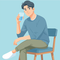 Vector a man sits on a chair with a glass of water