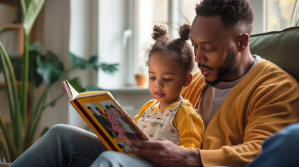 In a quiet corner of their home, a father reads a fairy tale to his attentive daughter, both sitting comfortably with a large storybook, the father pointing to pictures as his daug - obrazy, fototapety, plakaty
