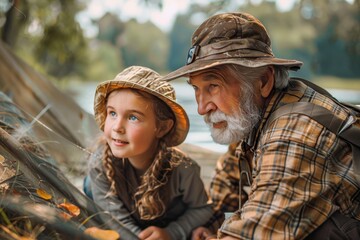 Grandfather and granddaughter working together on setting up a tent in a natural setting