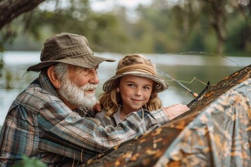 An elderly man and a young girl prepare a fishing tent, showcasing a family bonding moment