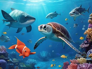 Turtles and other fish are swimming under the sea.