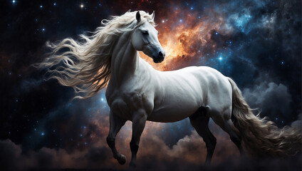 The image is of a majestic white horse standing on a rocky cliff with a starry night sky and colorful nebula behind it.

