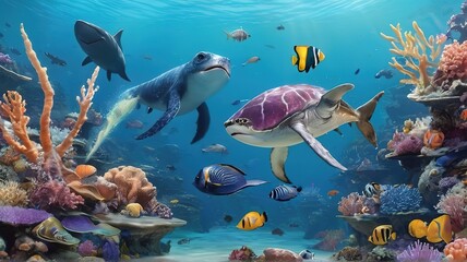 Atmosphere under the sea of turtles and other fish. coral is swimming