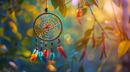 Close up of dream catcher hanging from tree in the sun ,A dream catcher, hanging from a twig, with the evening sun, warm and nostalgic background - obrazy, fototapety, plakaty