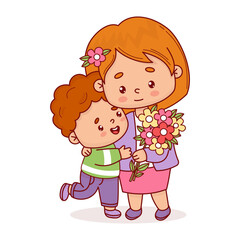 Cute woman with her son and bouquet of flowers. Vector illustration flat style kawaii. Positive festive female character for birthday, Women's Day, Mother's Day design