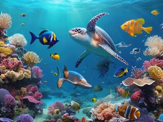 Atmosphere: Under the sea, turtles and other fish are swimming.