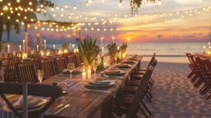 Romantic beach dinner setup at sunset with candles and string lights, offering an enchanting dining experience by the sea - AI generated