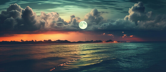 Super moon. Colorful sky with cloud and bright full moon over seascape in the evening, Tropical Night with Moon