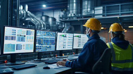 Workers operating control panels and monitoring screens in a high-tech control room, showcasing the technological aspect of modern manufacturing.