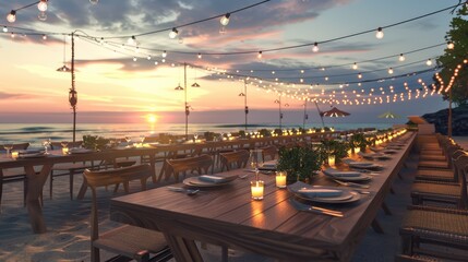 Romantic beach dinner setup at sunset with candles and string lights, offering an enchanting dining experience by the sea - AI generated