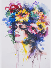 Portrait of a Woman with Floral Headdress. Spring color season illustration.