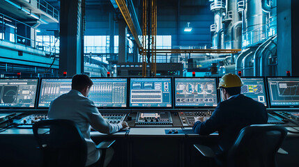 Workers operating control panels and monitoring screens in a high-tech control room, showcasing the technological aspect of modern manufacturing.