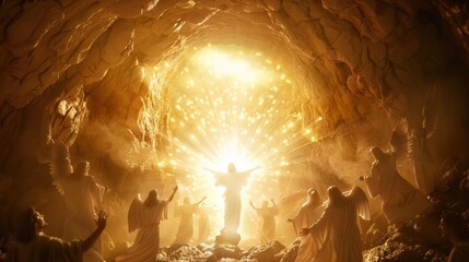 Jesus resurrection. triumphant moment with light and angels symbolizing victory over death