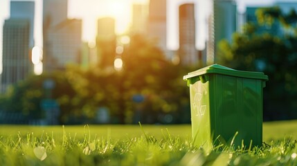 Green recycling bin filled with recyclables in an urban park, highlighting eco-consciousness in city living - AI generated