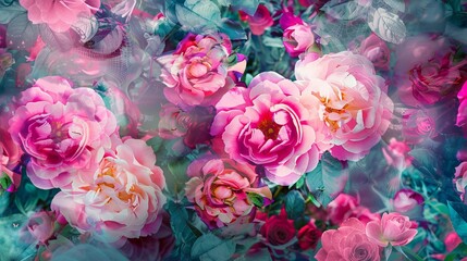 Colorful floral pattern with pink roses and peonies on a background with a double exposure effect.
