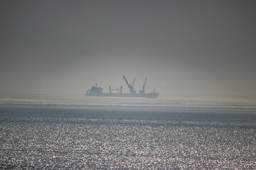 A long ship stands next to the cranes on the sea blue horizon in the fog