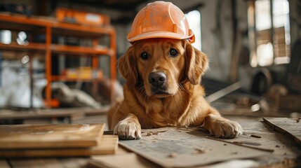 a dog sitting in a hard hat while looking at construction materials, Generative AI