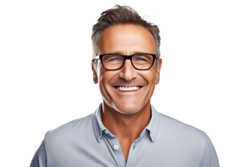 Middle aged man on isolated chroma key background with glasses
