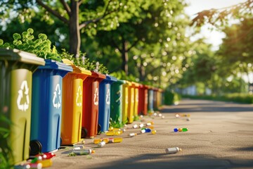 Row of color-coded recycling bins in a park at sunrise, promoting environmental sustainability and waste sorting - AI generated