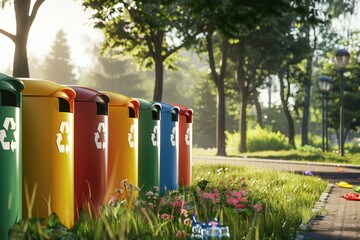 Row of color-coded recycling bins in a park at sunrise, promoting environmental sustainability and waste sorting - AI generated